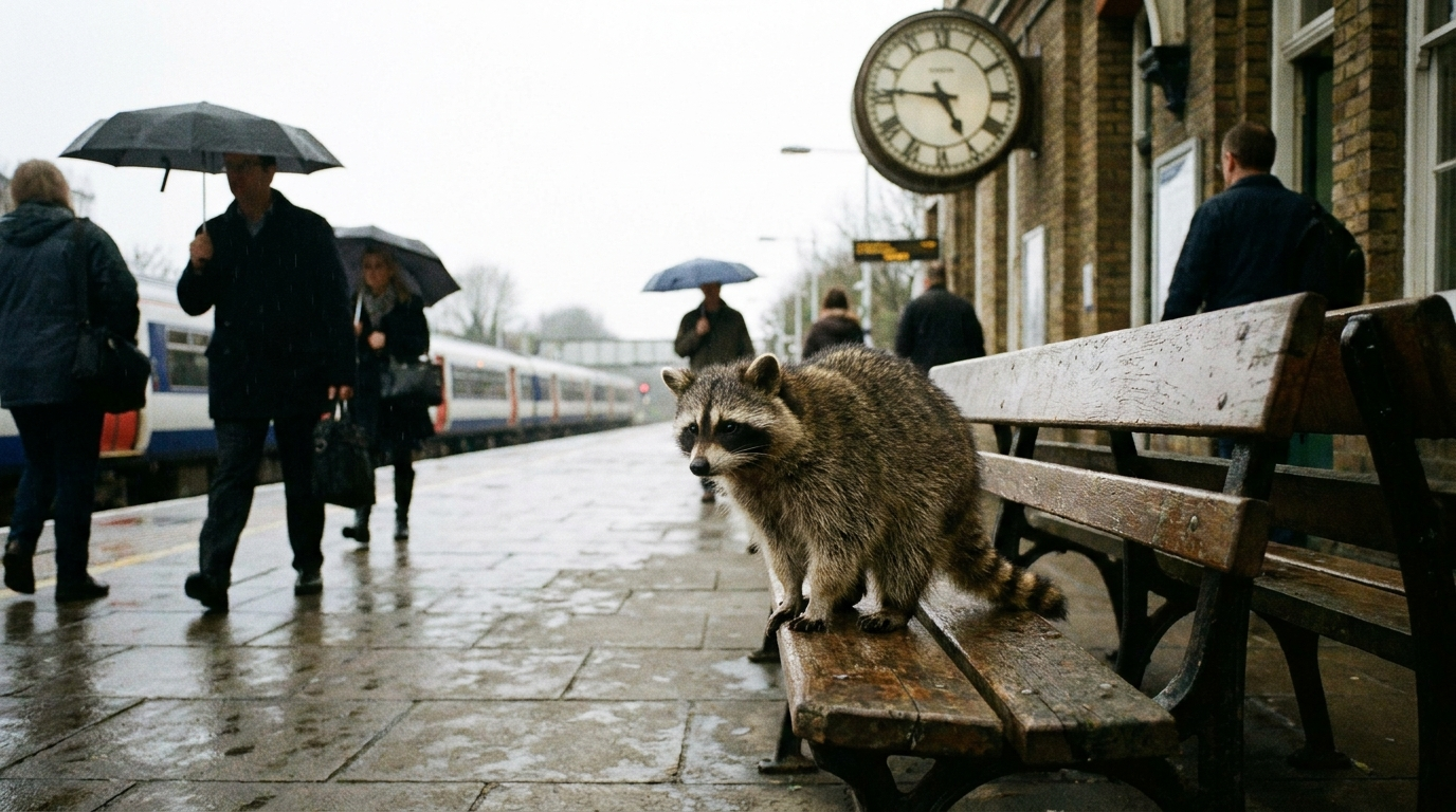 BahnCard Satire: Waschbär sitzt auf einer Bahnsteigbank und blickt auf eine große Bahnhofsuhr