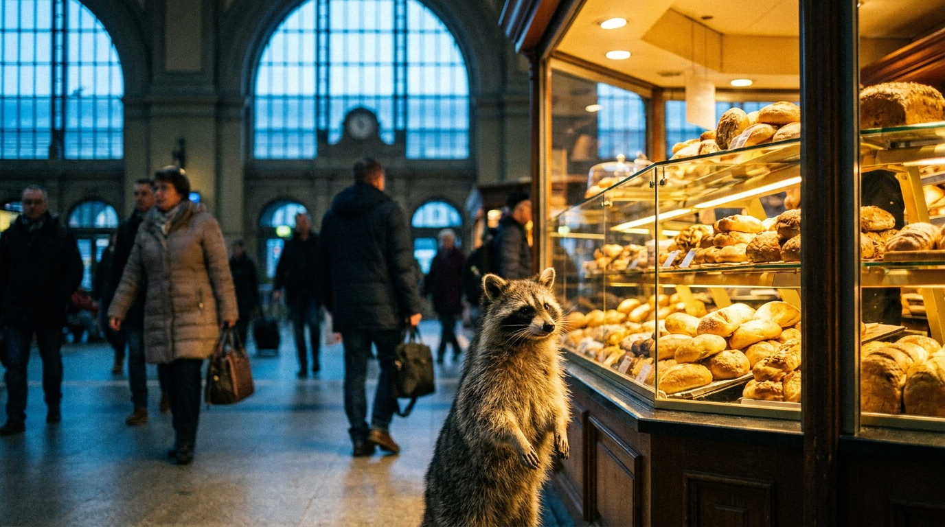 Bahnhofsbäckerei Satire: Waschbär steht vor einer beleuchteten Backwarentheke in einer frühen Bahnhofshalle