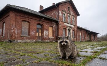 Waschbär steht vor einem alten geschlossenen Bahnhofsgebäude mit vernagelten Fenstern