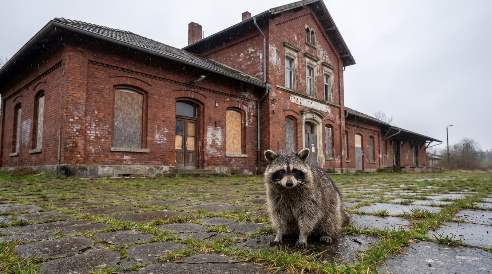 Waschbär steht vor einem alten geschlossenen Bahnhofsgebäude mit vernagelten Fenstern