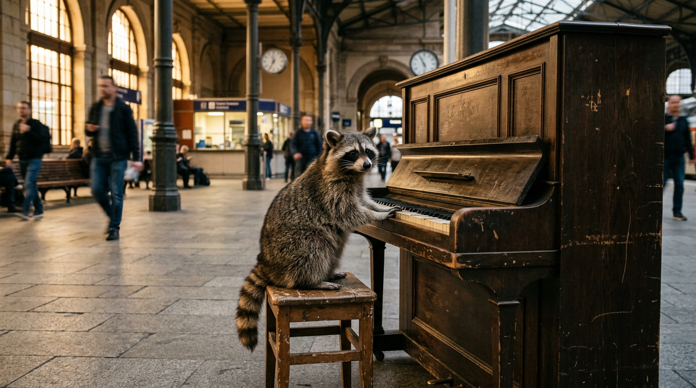 Bahnhofsklavier Satire: Waschbär sitzt auf einem Hocker vor einem alten Klavier in einer Bahnhofshalle
