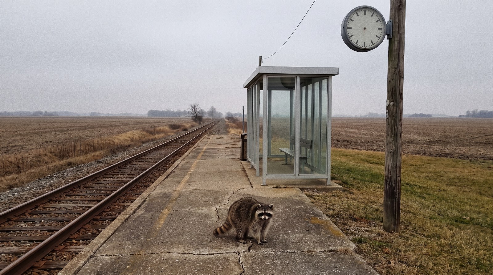 Waschbär steht auf einem kleinen leeren Landbahnsteig mit einem einzelnen Wartehäuschen