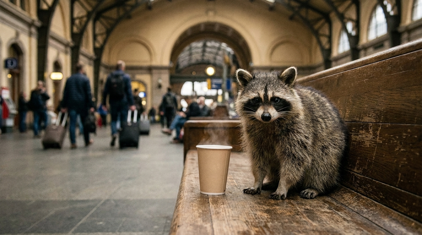 Bahnhofsmission Satire: Waschbär sitzt auf einer Bank in einer Bahnhofshalle neben einer Tasse Tee