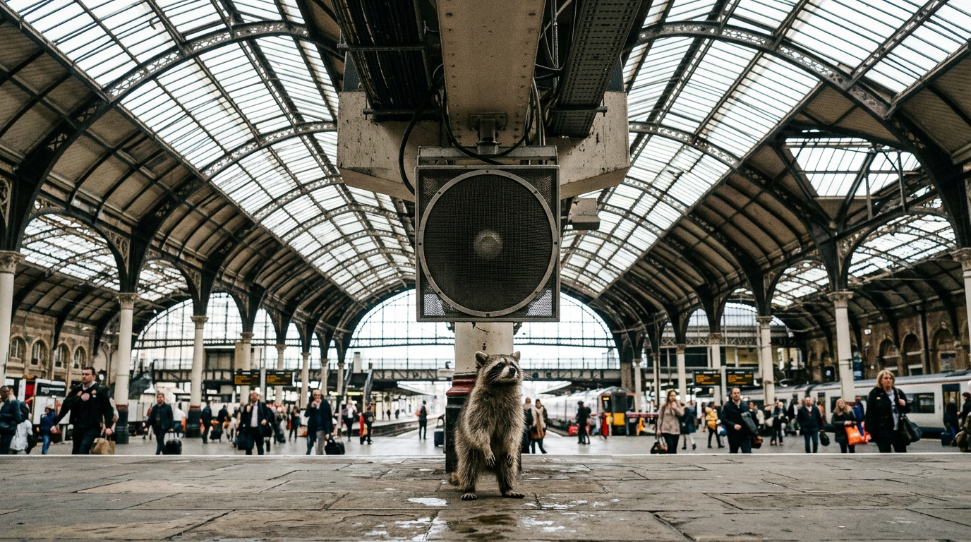 Bahnhofsmusik Satire: Waschbär steht unter einem großen Lautsprecher in einer weiten Bahnhofshalle