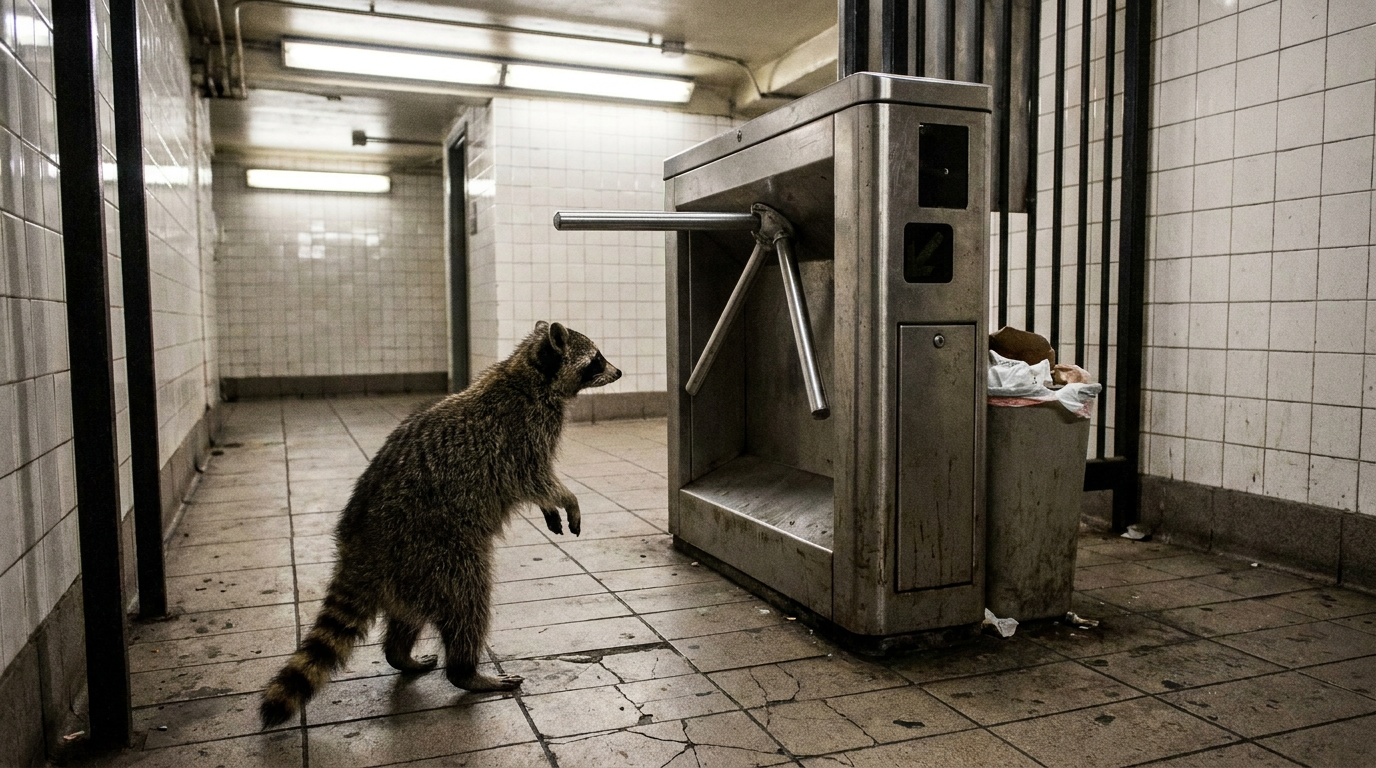 Bahnhofstoilette Satire: Waschbär steht vor einem Drehkreuz in einem gefliesten Bahnhofsuntergeschoss
