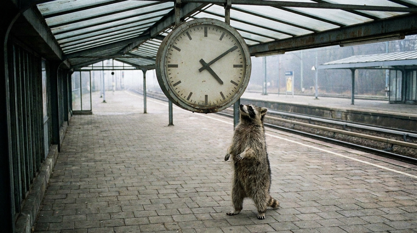 Bahnhofsuhr Satire: Waschbär steht auf dem Bahnsteig unter einer großen runden Bahnhofsuhr