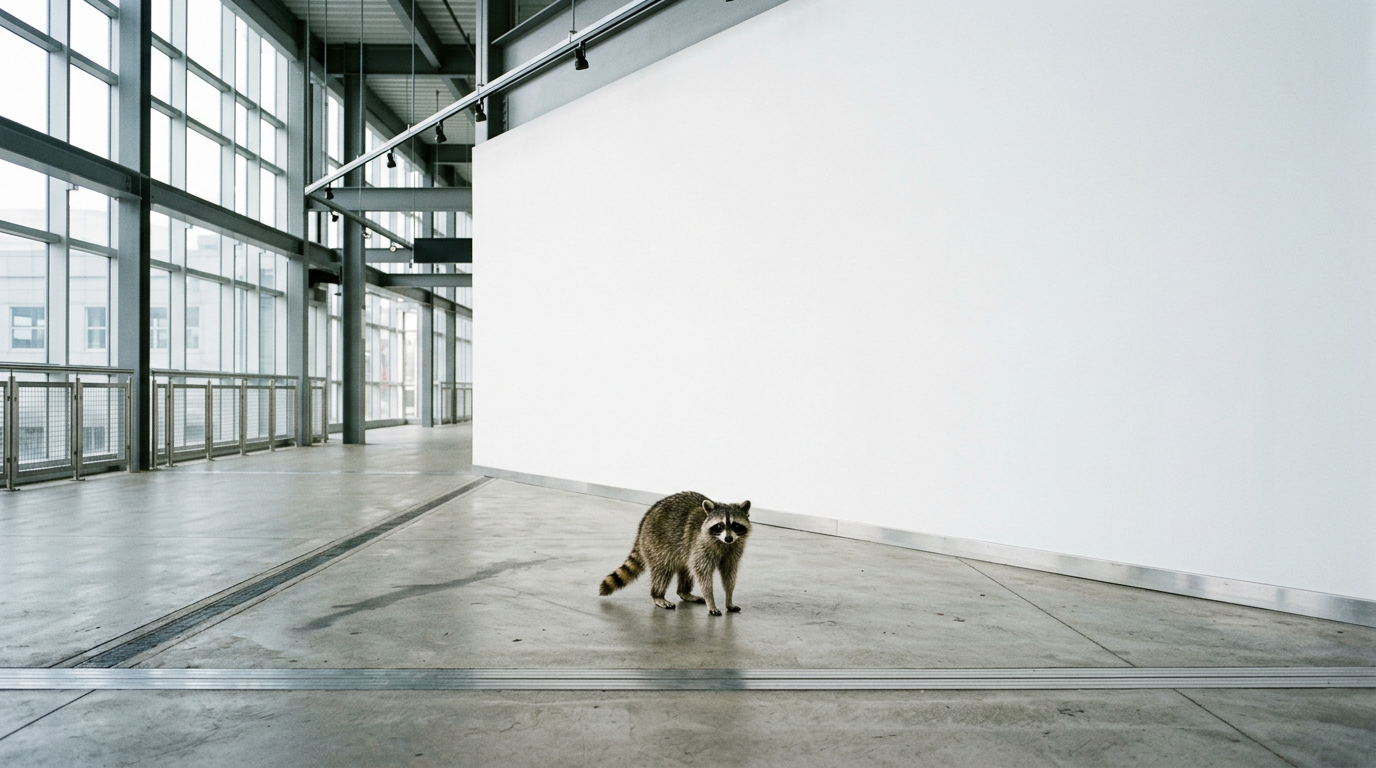 Bahnhofsumbau Satire: Waschbär steht in einer hellen modernen Bahnhofshalle vor einer leeren Wand