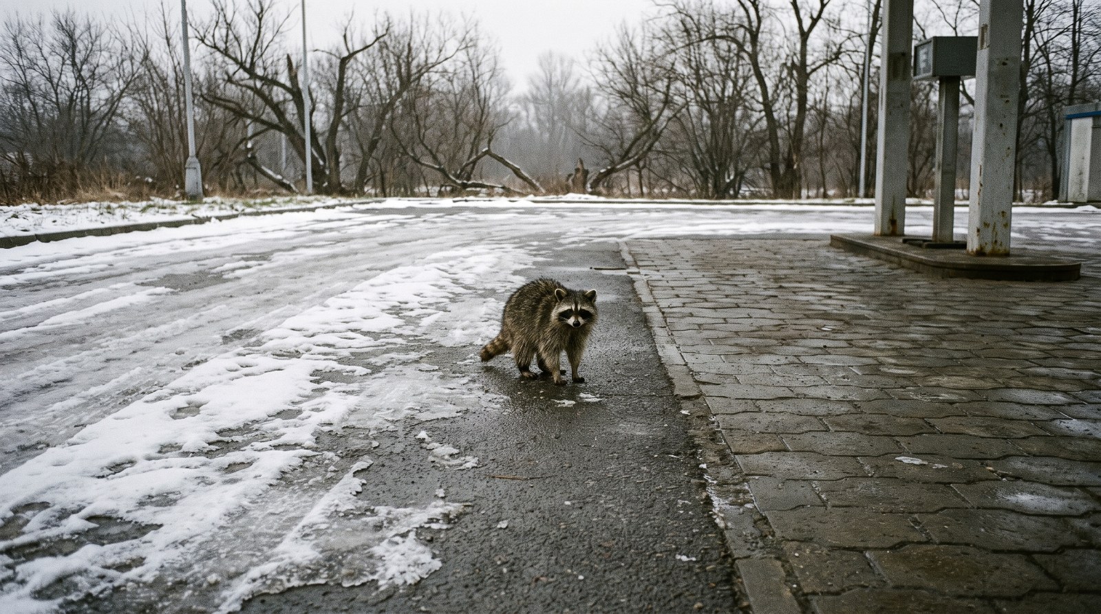 Waschbär steht auf einem leeren gepflasterten Bahnhofsvorplatz im Winterlicht