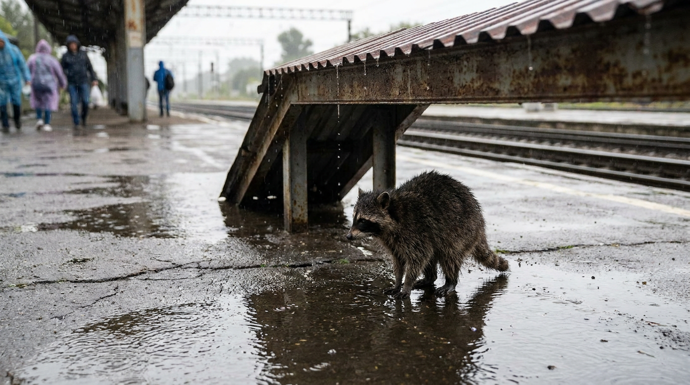 Bahnsteigdach Satire: Waschbär steht unter einem alten Bahnsteigdach mit Wassertropfen auf dem Boden