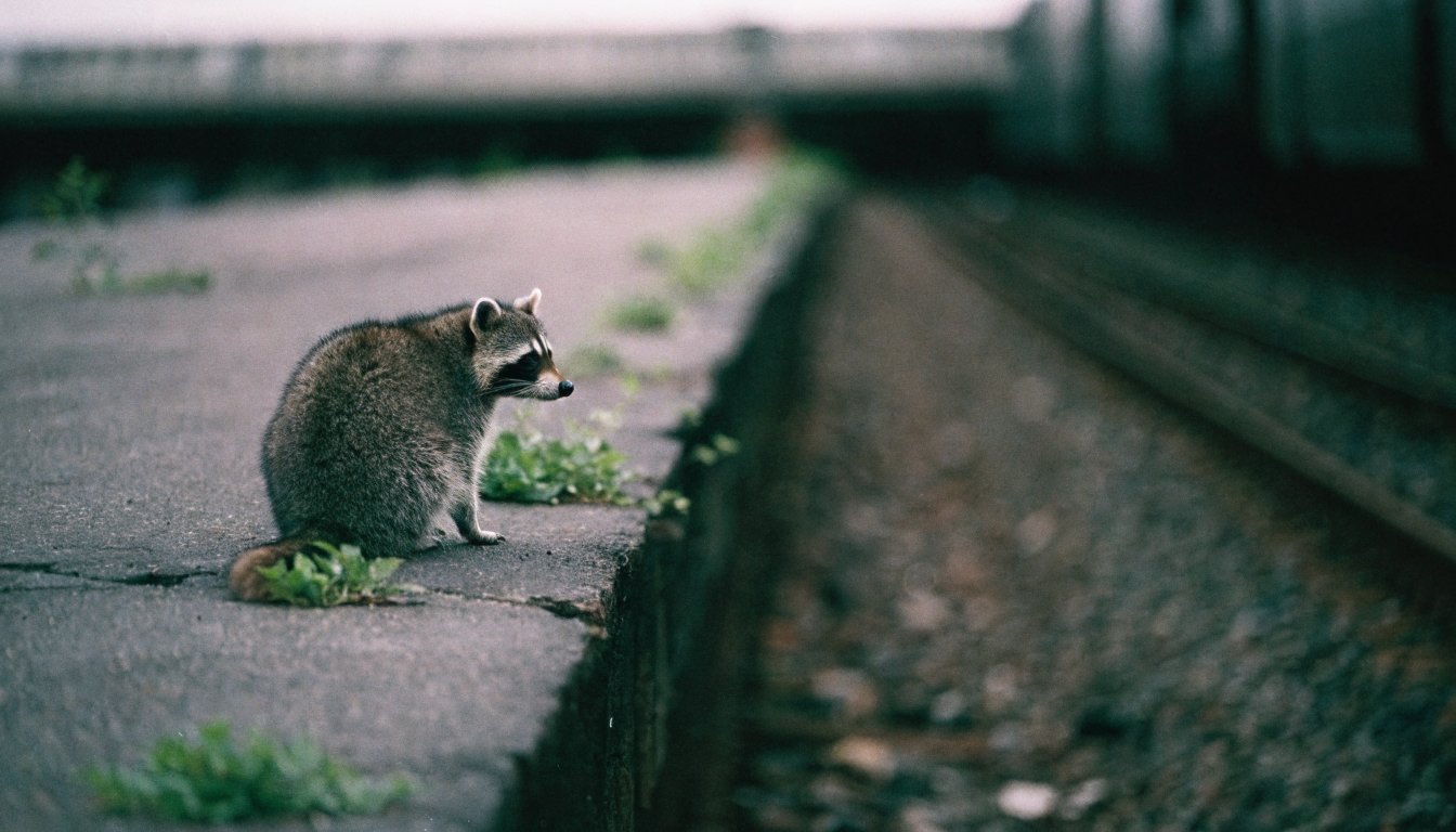 Bahnsteighöhe Norm Satire: Waschbär sitzt an der Kante eines sehr niedrigen alten Bahnsteigs über dem Gleisbett