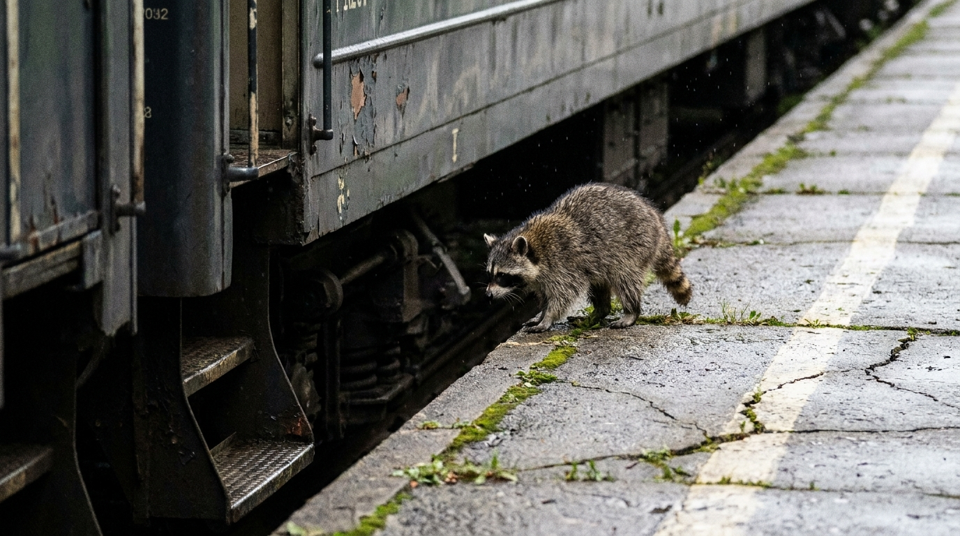 Bahnsteigkante Satire: Waschbär steht an der Kante eines alten Bahnsteigs und blickt auf die Lücke zum Zug