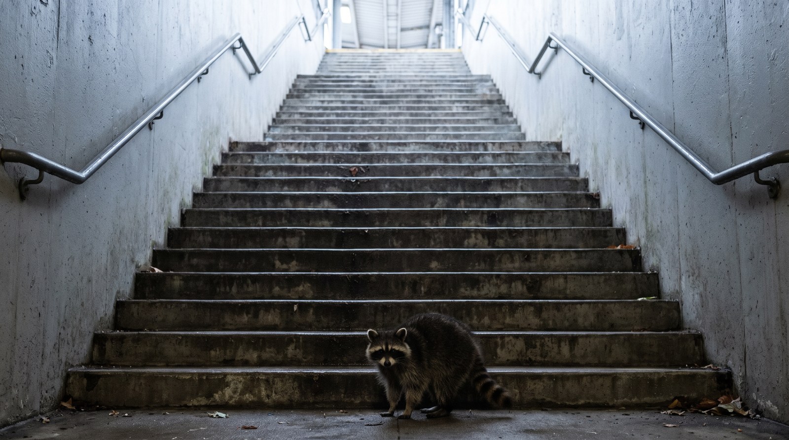 Waschbär steht vor einer steilen Bahnsteigtreppe mit vielen Stufen