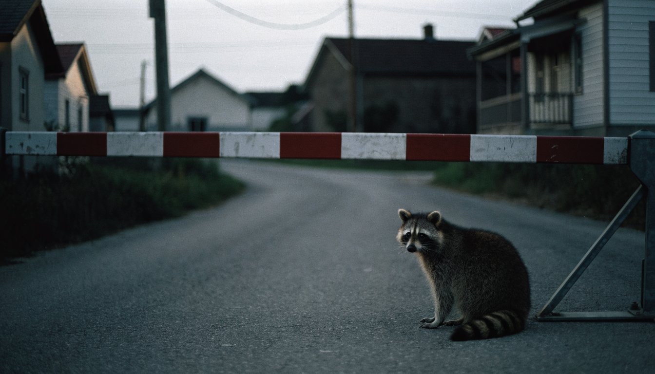 Bahnübergang Kostenteilung Satire: Waschbär sitzt neben einer geschlossenen Schranke auf einer leeren Dorfstraße