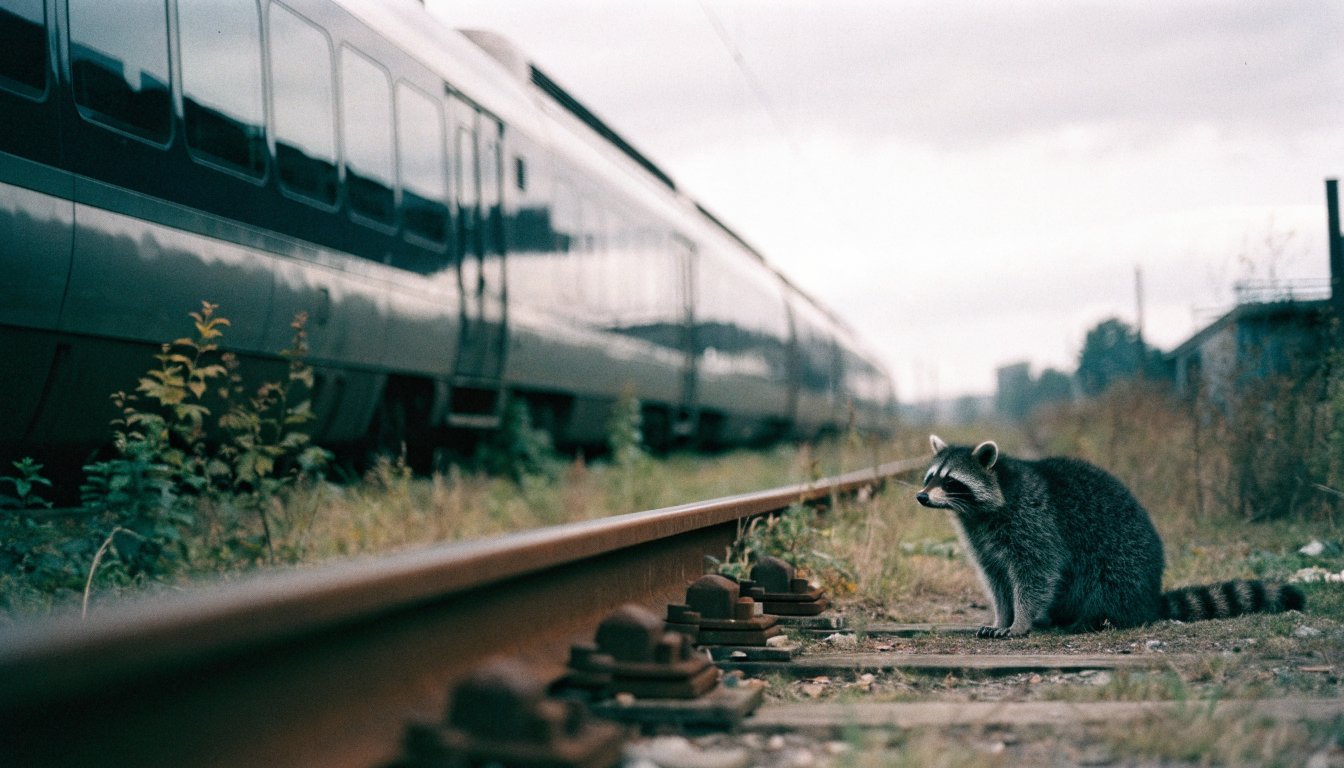 Batteriezüge Ladeinfrastruktur Satire: Waschbär sitzt neben einem modernen Triebzug auf einem Abstellgleis ohne Oberleitung