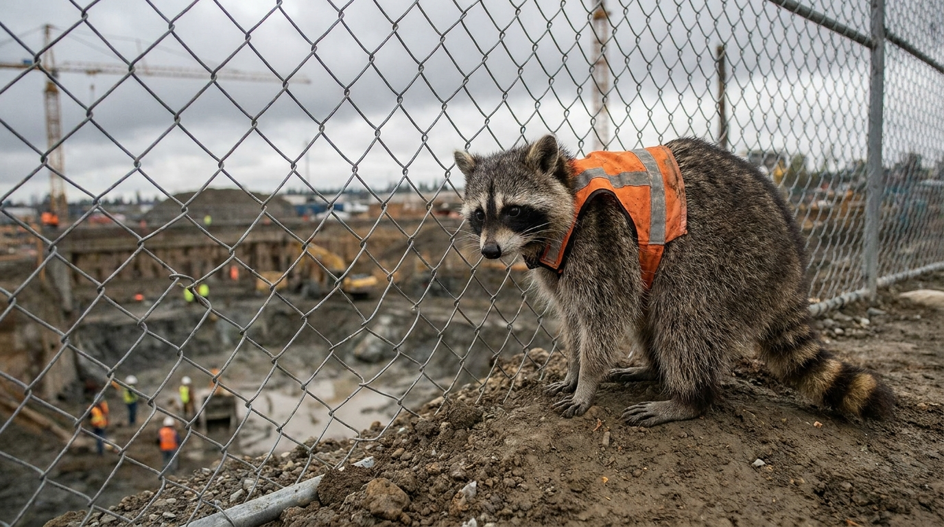 Baustellen Tourismus Satire: Waschbär steht mit Warnweste vor einem Bauzaun und schaut in eine Baugrube