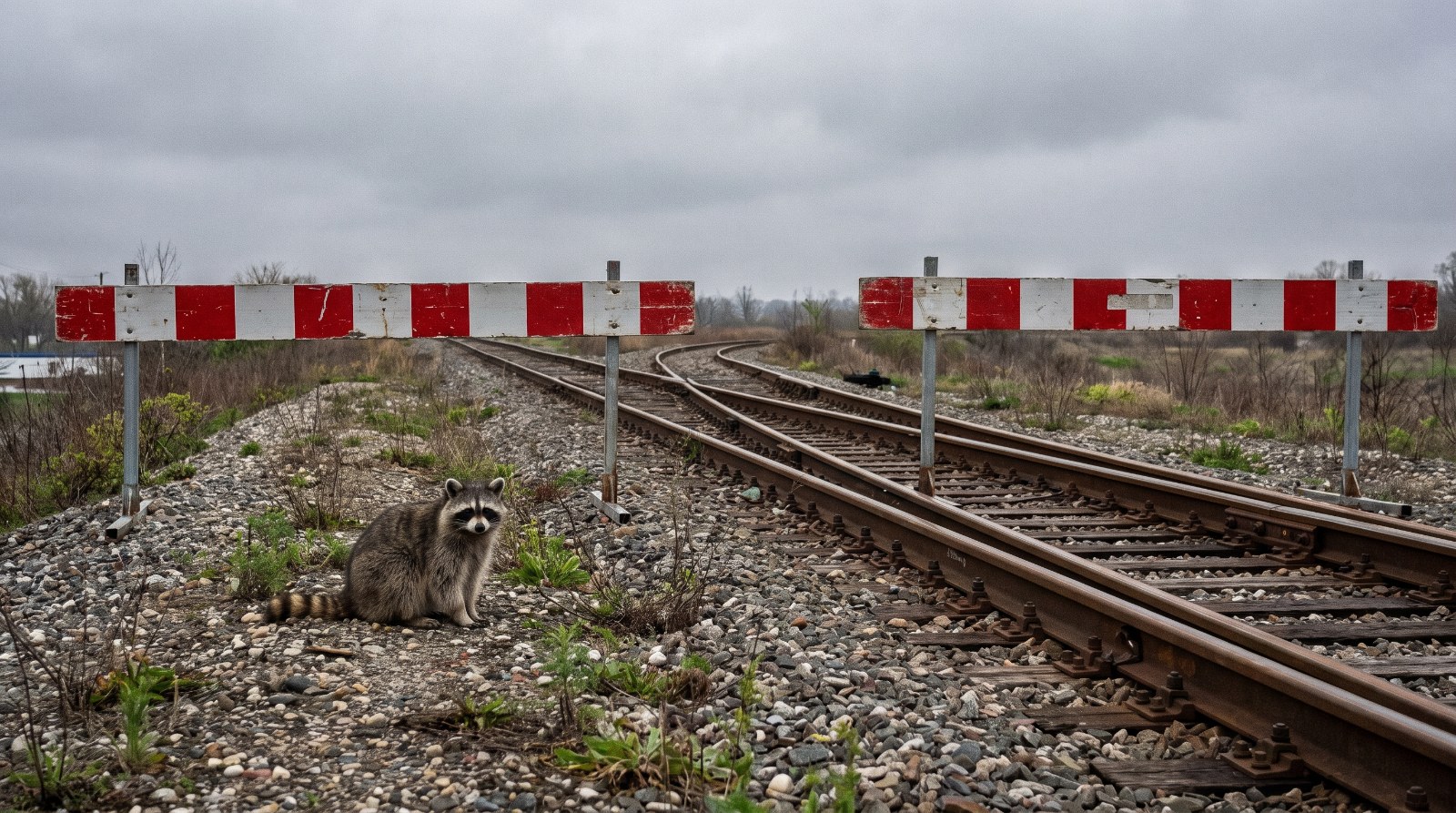 Waschbär steht vor zwei Bauzäunen an einer Gleisverzweigung, beide Wege gesperrt