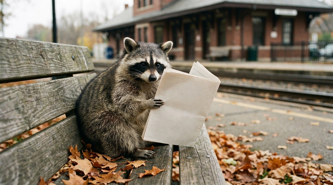 Beamtenpension Rente Satire: Waschbär sitzt mit Zeitung auf einer Parkbank am Bahnhof