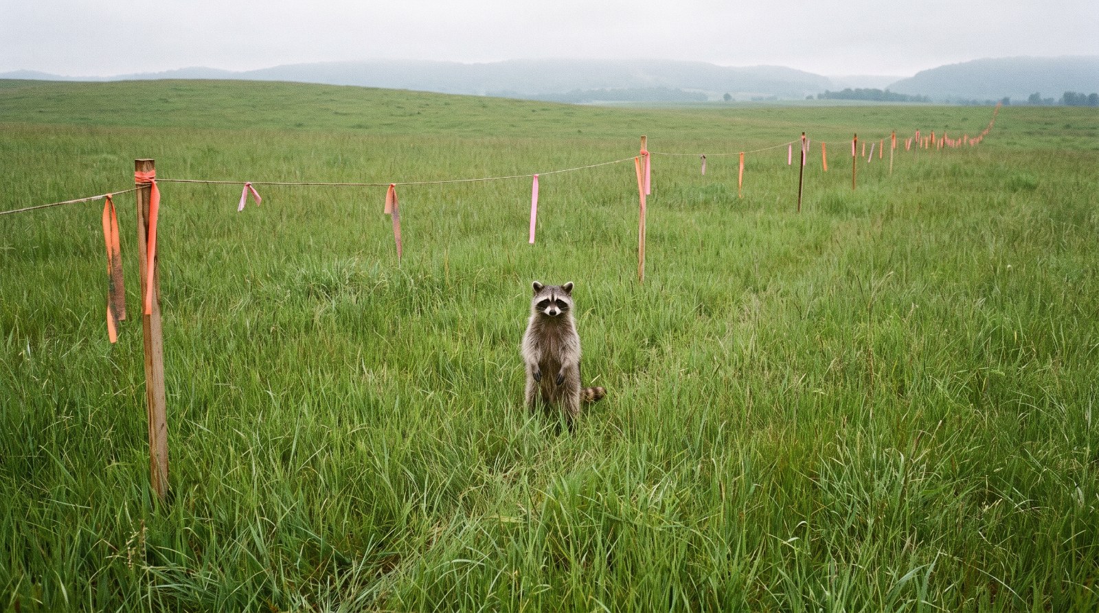 Waschbär steht auf einer grünen Wiese, durch die einmal eine Bahntrasse führen soll