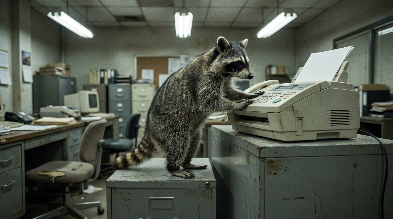 Fax Satire: Waschbär steht neben einem alten Faxgerät auf einem Büroschrank