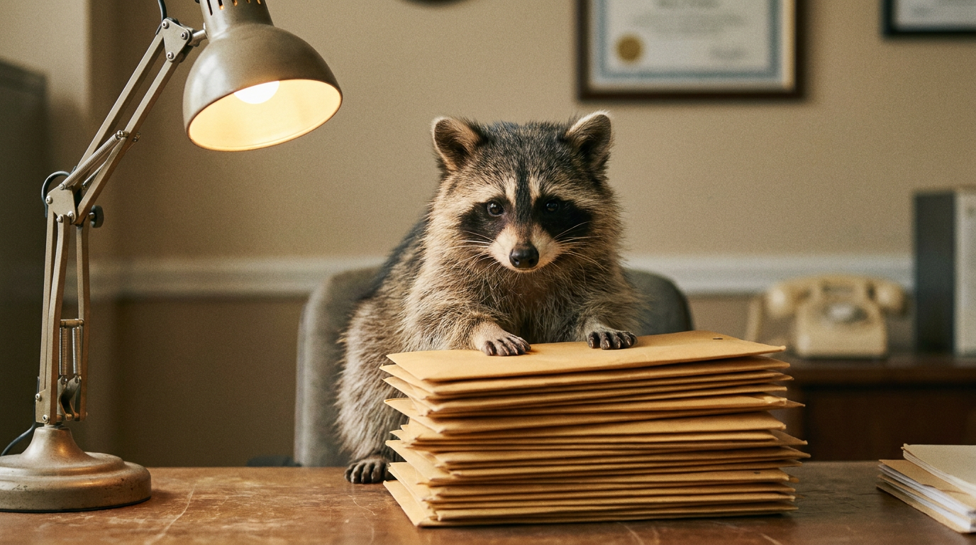 Beschwerde Satire: Waschbär sitzt an einem Schreibtisch vor einem Stapel Briefe