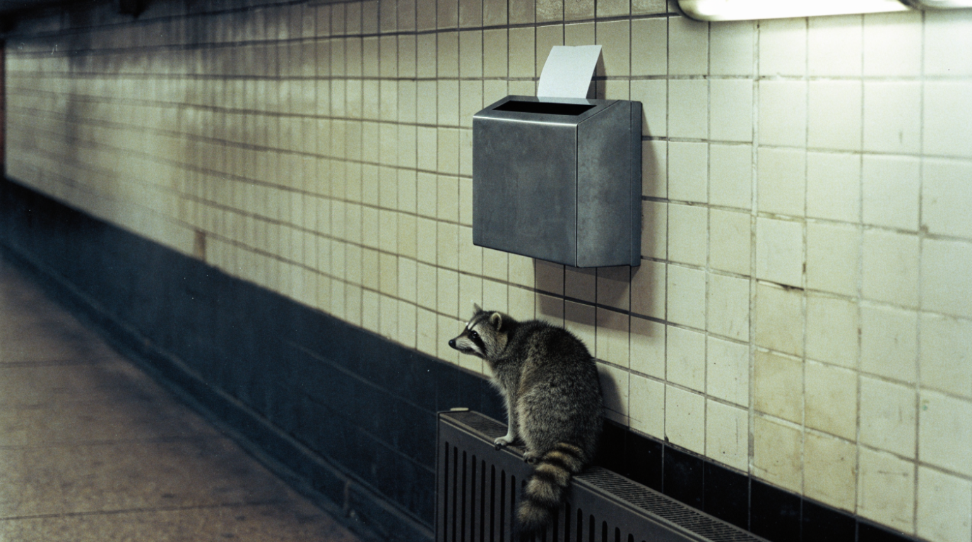 Beschwerdeformular 120 Zeichen Satire: Waschbär sitzt auf einer Heizung unter einem kleinen Kummerkasten mit klemmendem Zettel