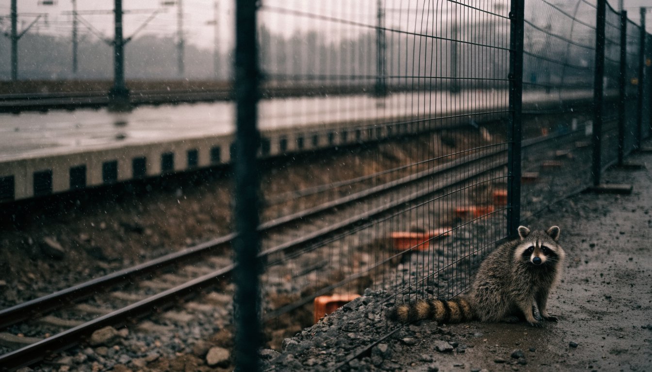 Sperrdauer Vergütung Satire: Waschbär sitzt neben einem Bauzaun vor einem aufgerissenen Gleisbett