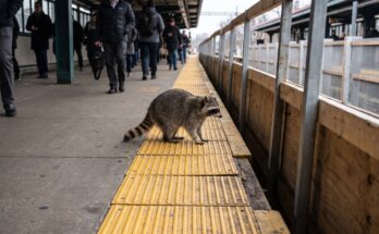 Waschbär steht auf einem Bahnsteig an einer Reihe geriffelter Bodenplatten