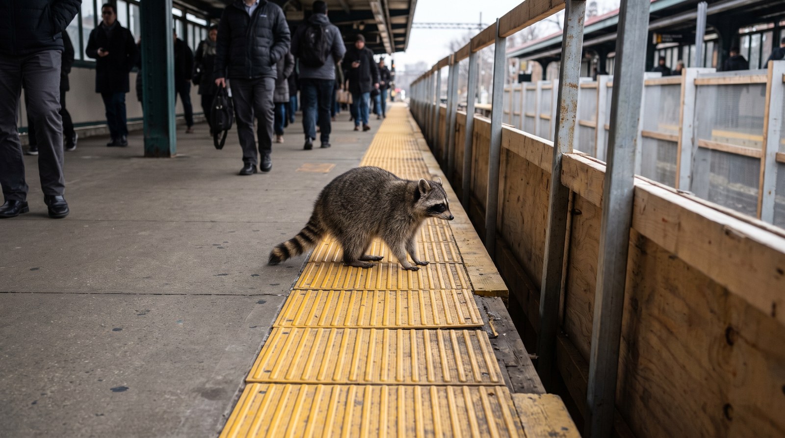 Waschbär steht auf einem Bahnsteig an einer Reihe geriffelter Bodenplatten