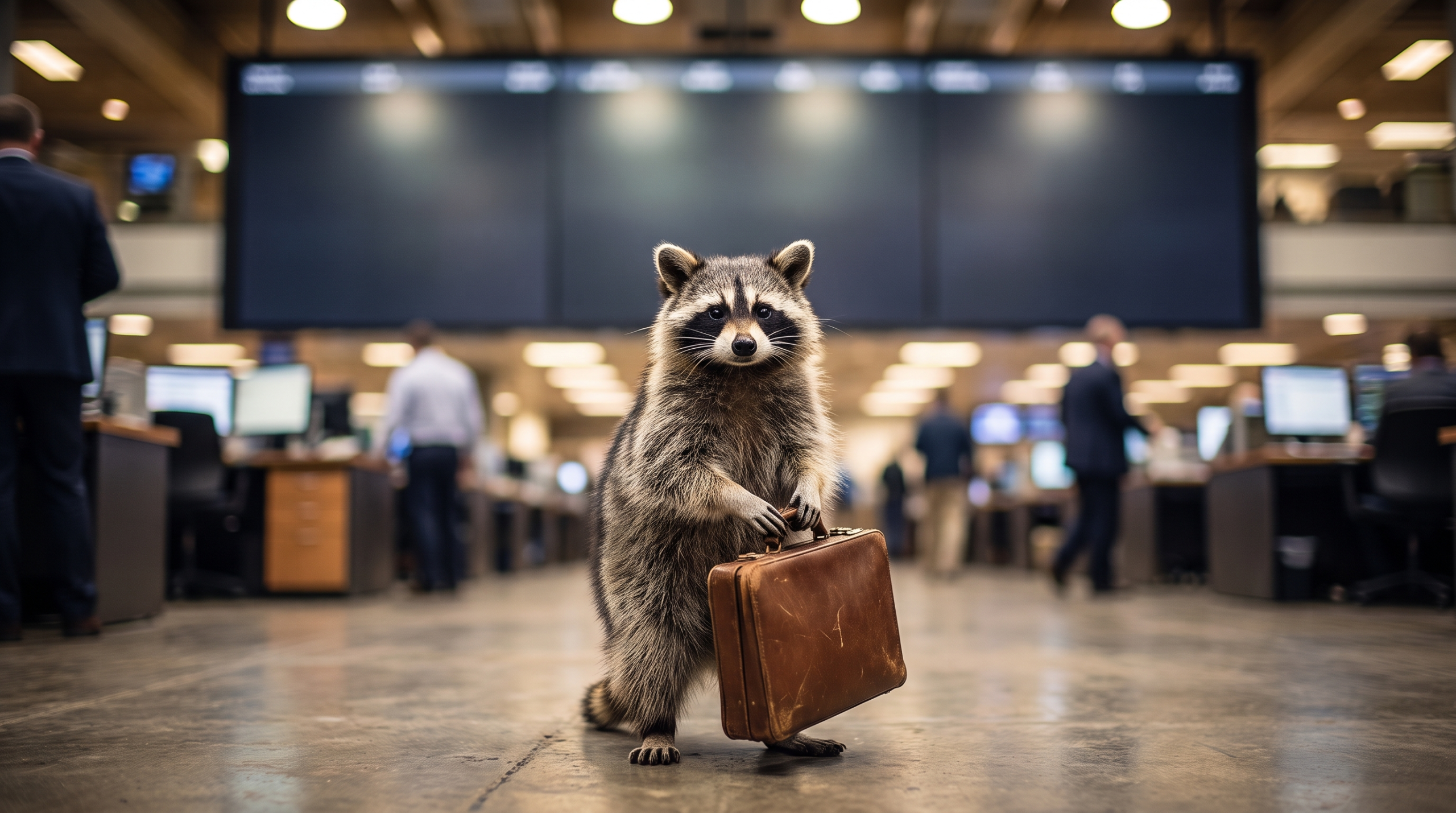 Börsengang Satire: Waschbär steht mit einem Aktenkoffer vor einer Anzeigetafel mit Kurven