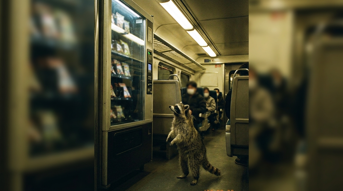 Bordautomat Satire: Waschbär steht vor einem Verkaufsautomaten im Gang eines Zugwaggons