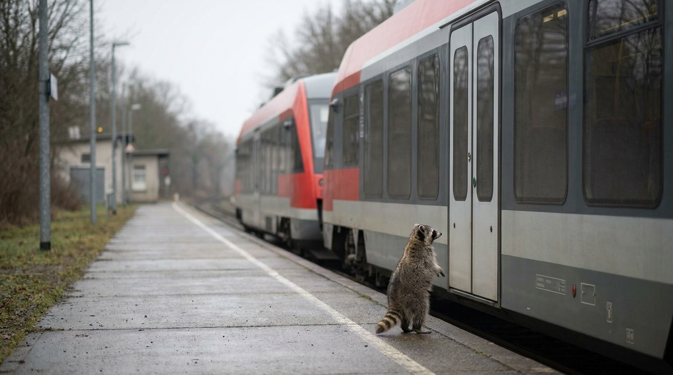 Bremsprobe Satire: Waschbär steht neben einem stehenden Regionalzug an einem Bahnsteig