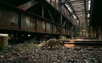 Waschbär steht im Schotter unter einer alten genieteten Eisenbahnbrücke