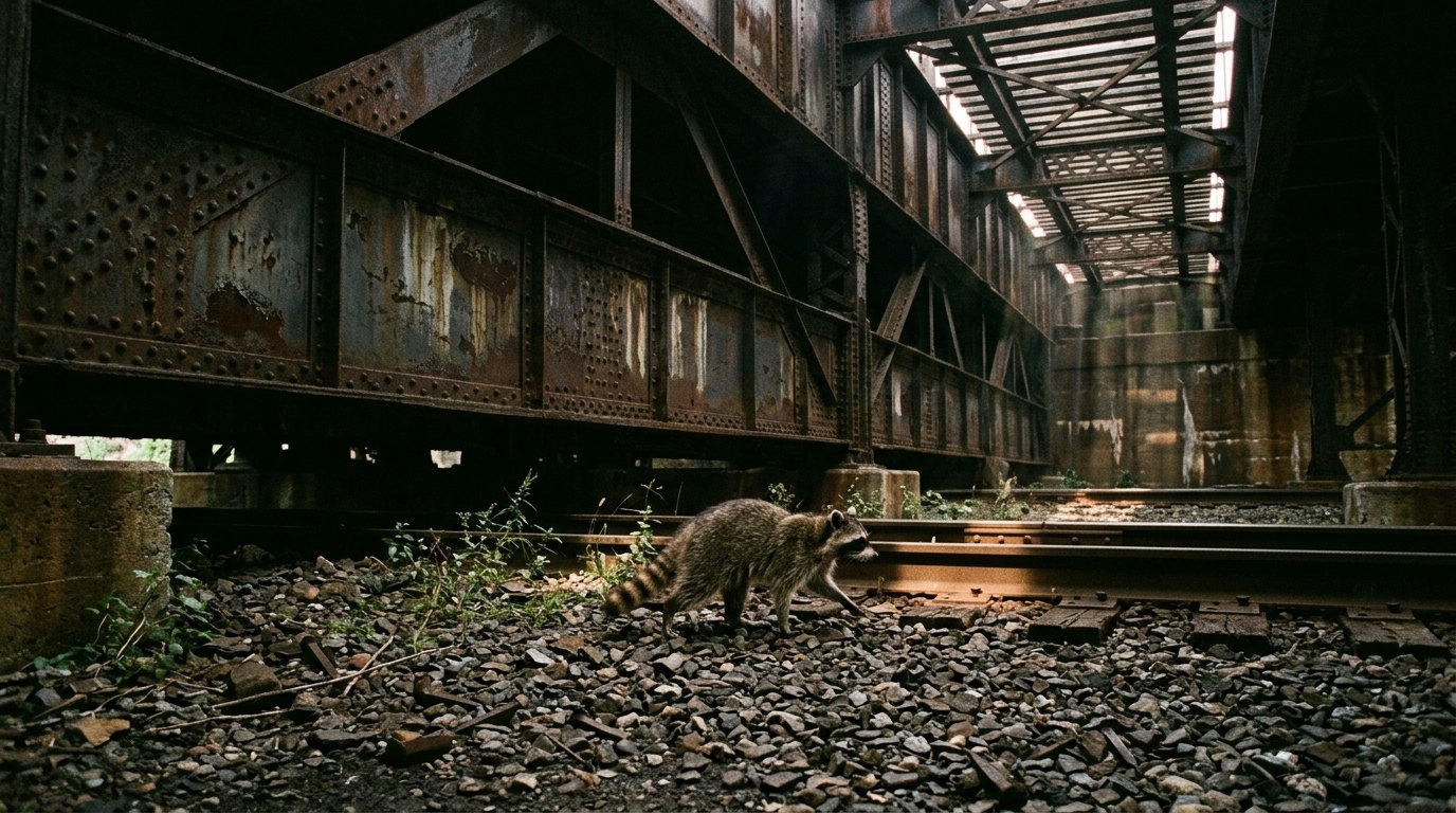 Eisenbahnbrücke Zustandsnote Satire: Waschbär steht im Schotter unter einer alten genieteten Eisenbahnbrücke