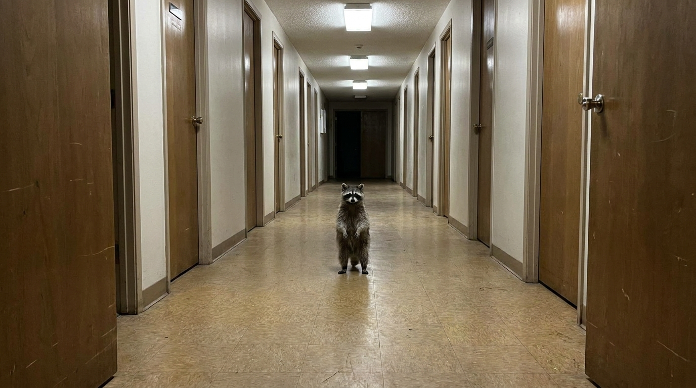 Bürgeramt Satire: Waschbär steht in einem leeren Behördenflur vor einer Reihe geschlossener Türen