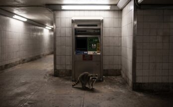 Waschbär steht vor einem Fahrkartenautomaten in einer leeren Bahnhofsunterführung
