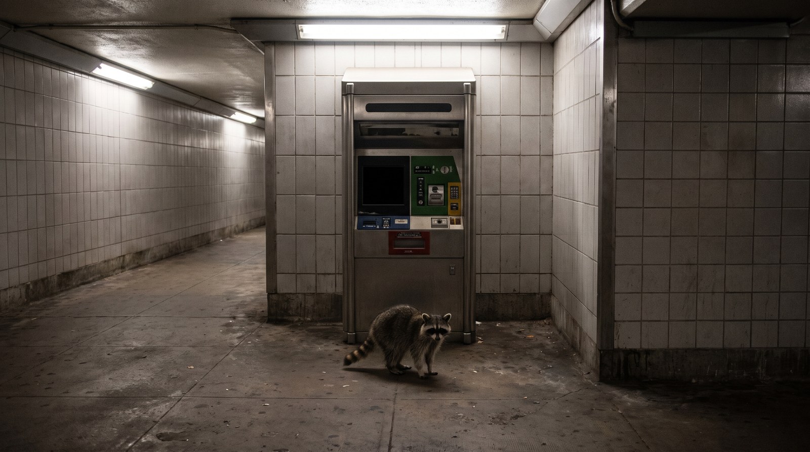Waschbär steht vor einem Fahrkartenautomaten in einer leeren Bahnhofsunterführung