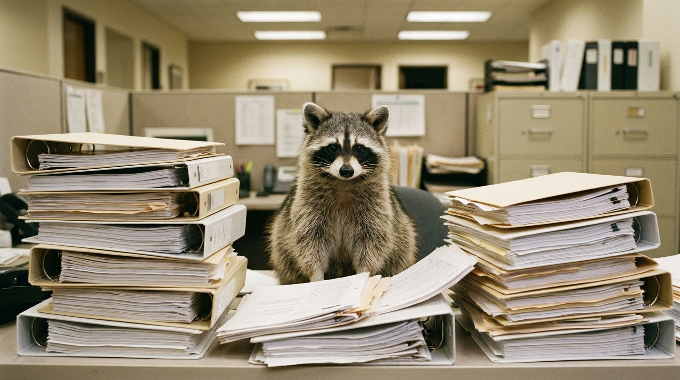Bürokratie Satire: Waschbär sitzt an einem Schreibtisch vor mehreren Aktenordnern