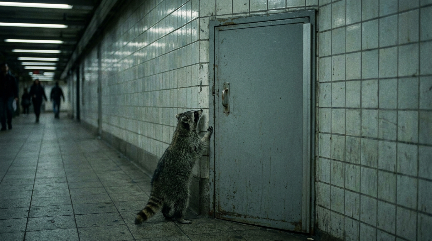 Bundespolizei Satire: Waschbär steht vor einer unscheinbaren Tür in einem Bahnhofsgang