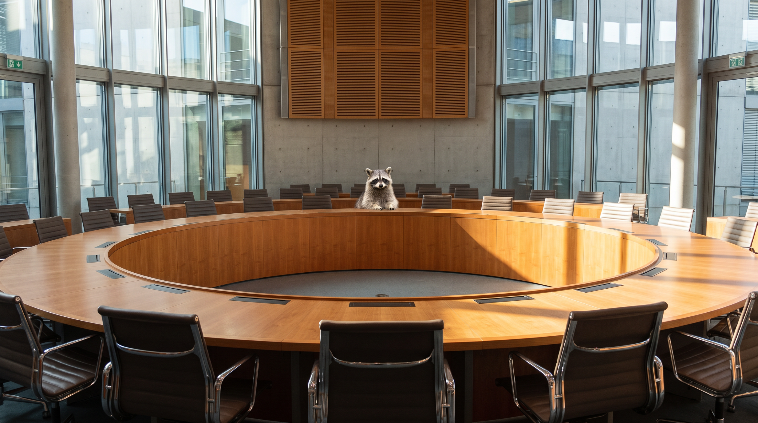 Bundesrat Satire: Waschbär sitzt allein in einem großen leeren Sitzungssaal