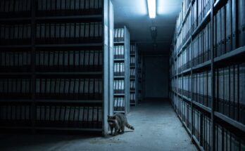 Waschbär steht vor einem hohen Aktenregal in einem stillen Archivraum