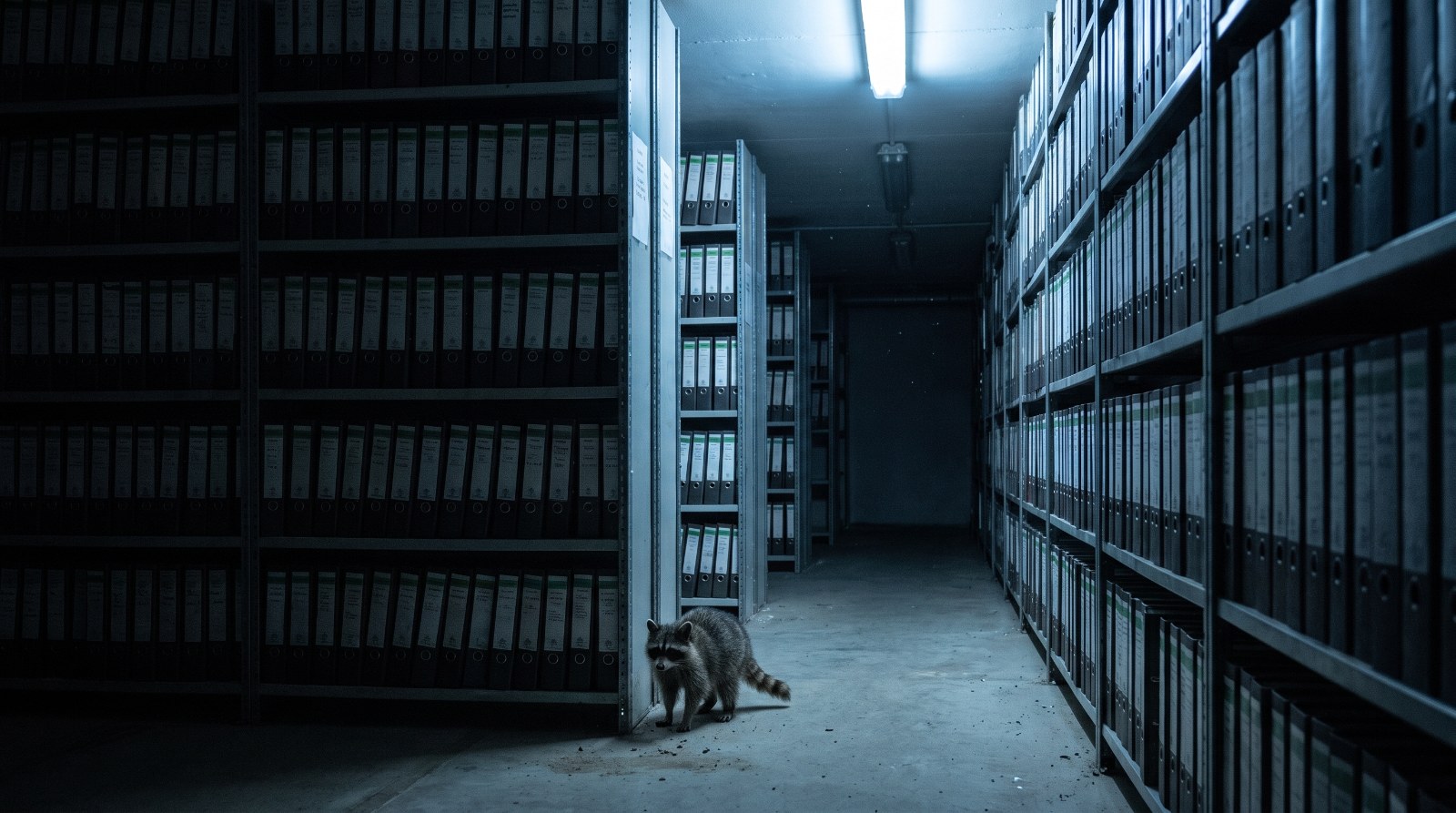 Waschbär steht vor einem hohen Aktenregal in einem stillen Archivraum