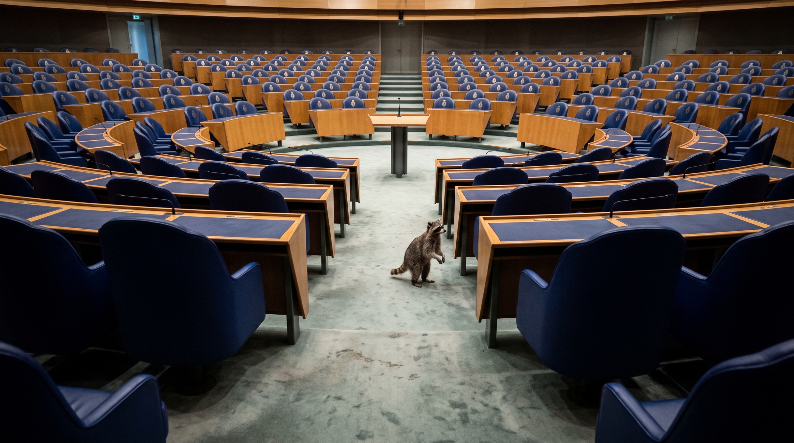 Bundestag Satire: Waschbär steht in einem leeren Plenarsaal zwischen Sitzreihen