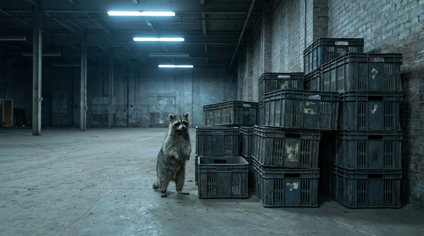 Bundeswehr Beschaffung Satire: Waschbär steht neben gestapelten Transportkisten in einer leeren Lagerhalle
