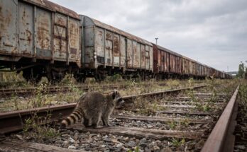 Waschbär steht vor einer langen Reihe abgestellter Güterwagen auf einem stillgelegten Rangiergleis
