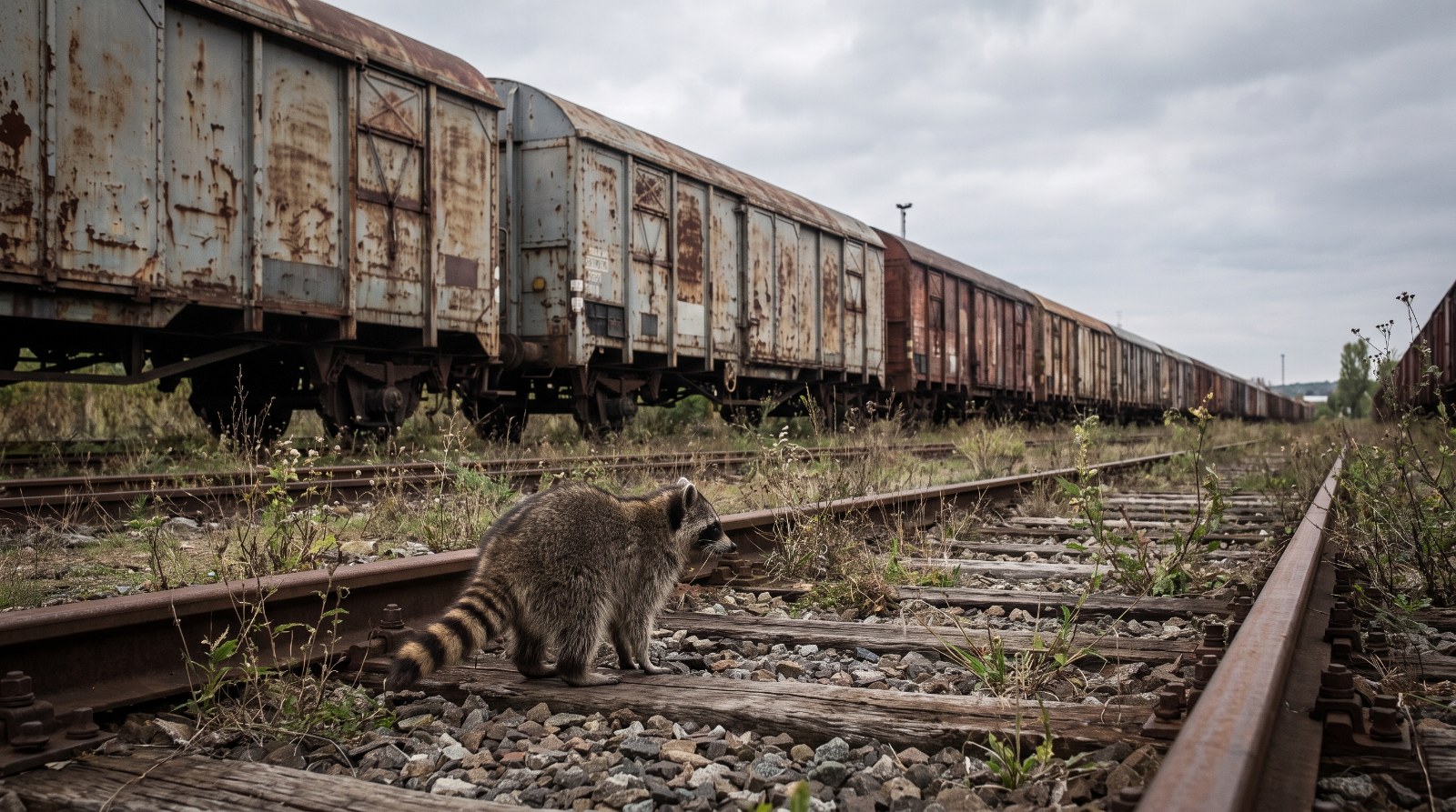 Waschbär steht vor einer langen Reihe abgestellter Güterwagen auf einem stillgelegten Rangiergleis
