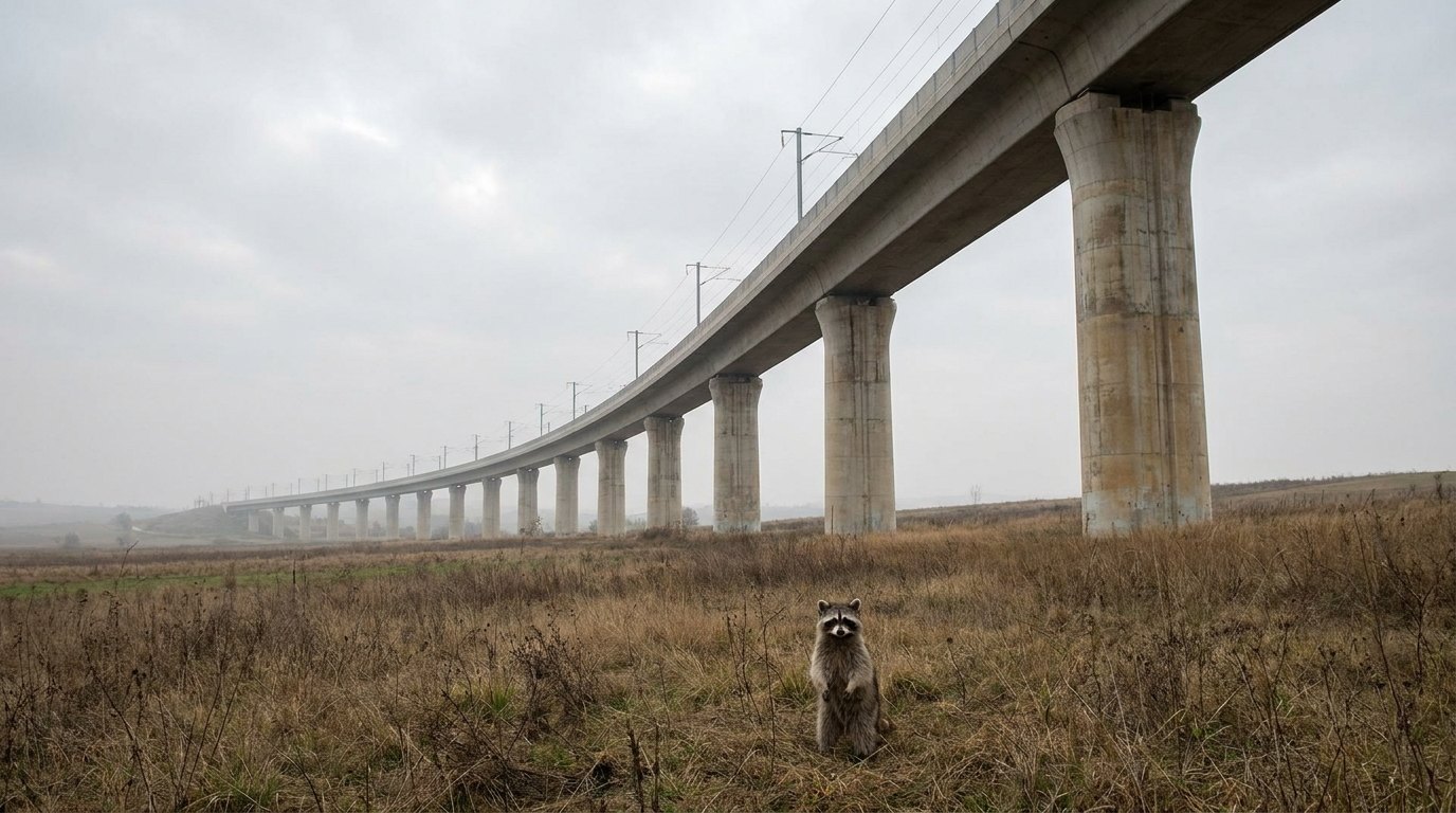 China Satire: Waschbär steht an einer modernen Hochgeschwindigkeitsstrecke auf Betonpfeilern