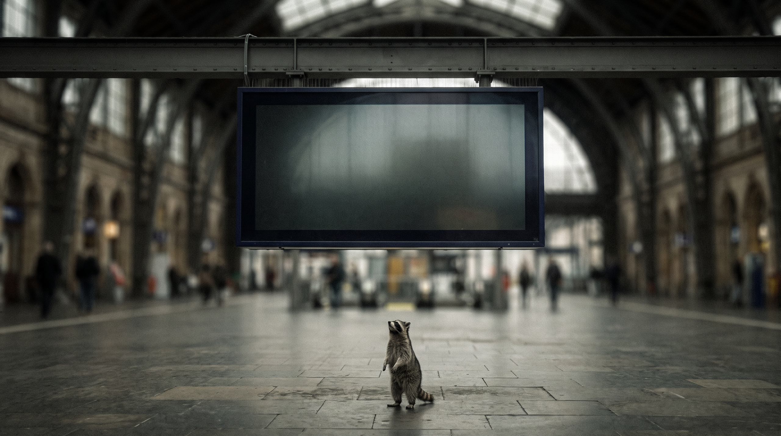 Anzeigetafel Satire: Waschbär steht vor einer dunklen Anzeigetafel in einer Bahnhofshalle