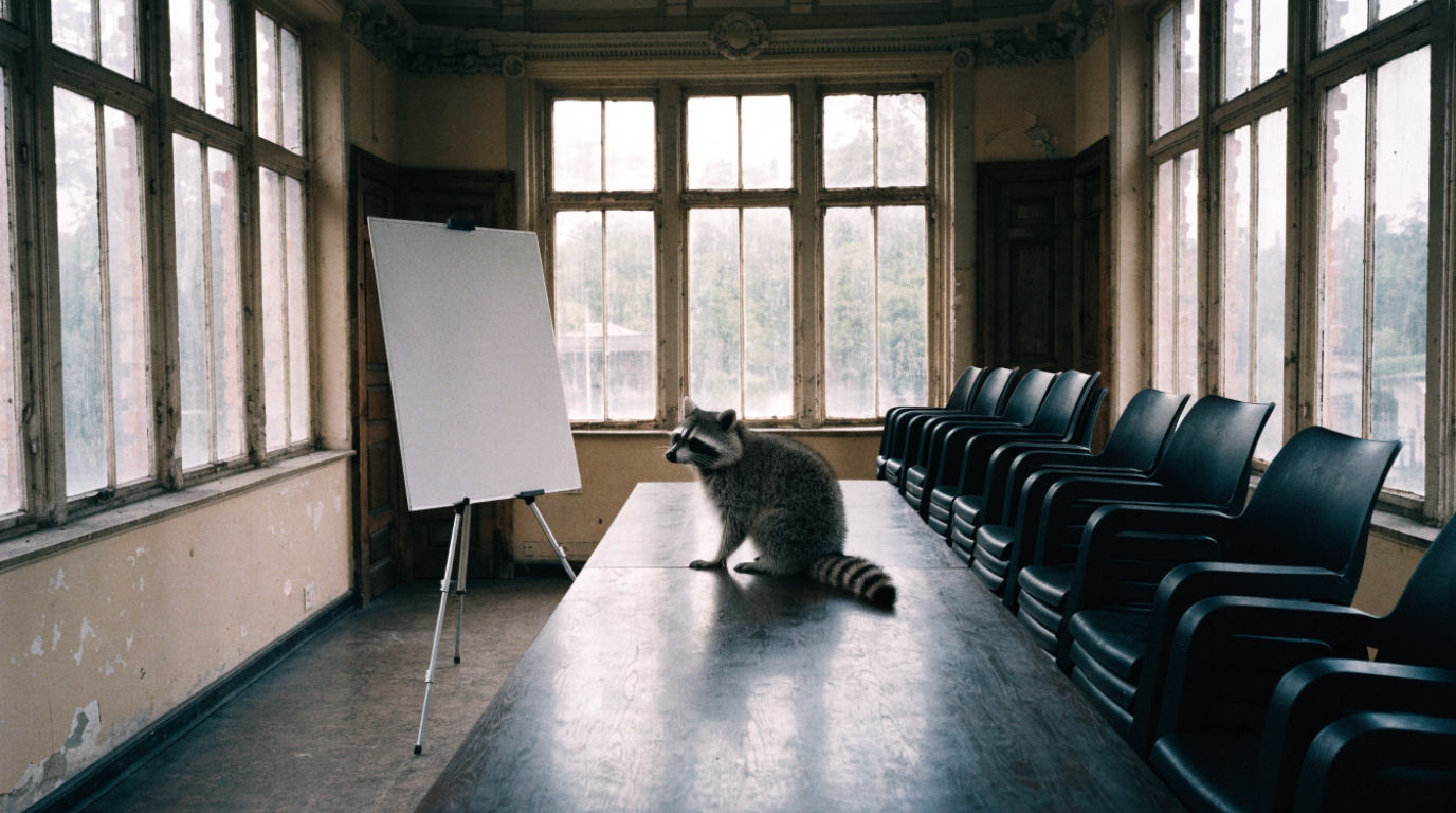 Dachmarke Bahn Satire: Waschbär sitzt in einem leeren Besprechungsraum vor einer leeren Präsentationstafel