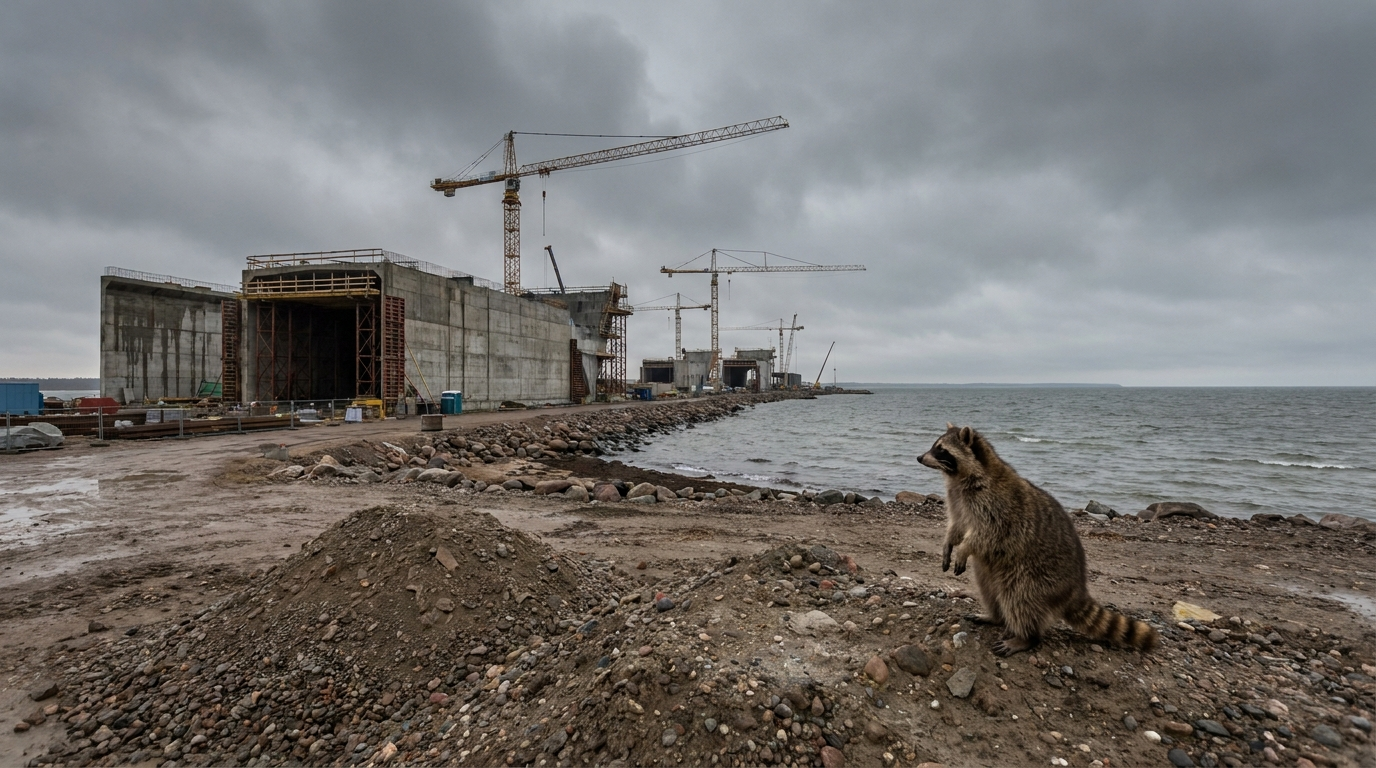 Ostseetunnel Satire: Waschbär steht an einer Küste vor einer großen Tunnelbaustelle