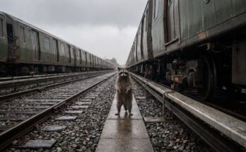 Waschbär steht zwischen zwei identischen Regionalzügen auf benachbarten Gleisen